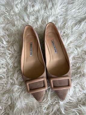 Manolo Blahnik Blush Nude Suede Pointed Flats with Glossy Buckle